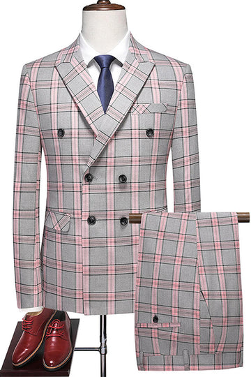 Pinkish Gray Plaid 2 Pieces Peak Lapel Men's Prom Suits